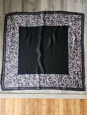 Silk Scarf Black Center Scarf with Tan And Lavender Filigree Border Rehab